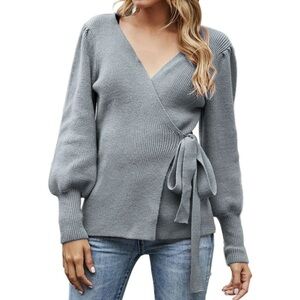 Gray Ribbed V-Neck Wrap Sweater Tie Back Long Sleeve Shein Knit Top Size M